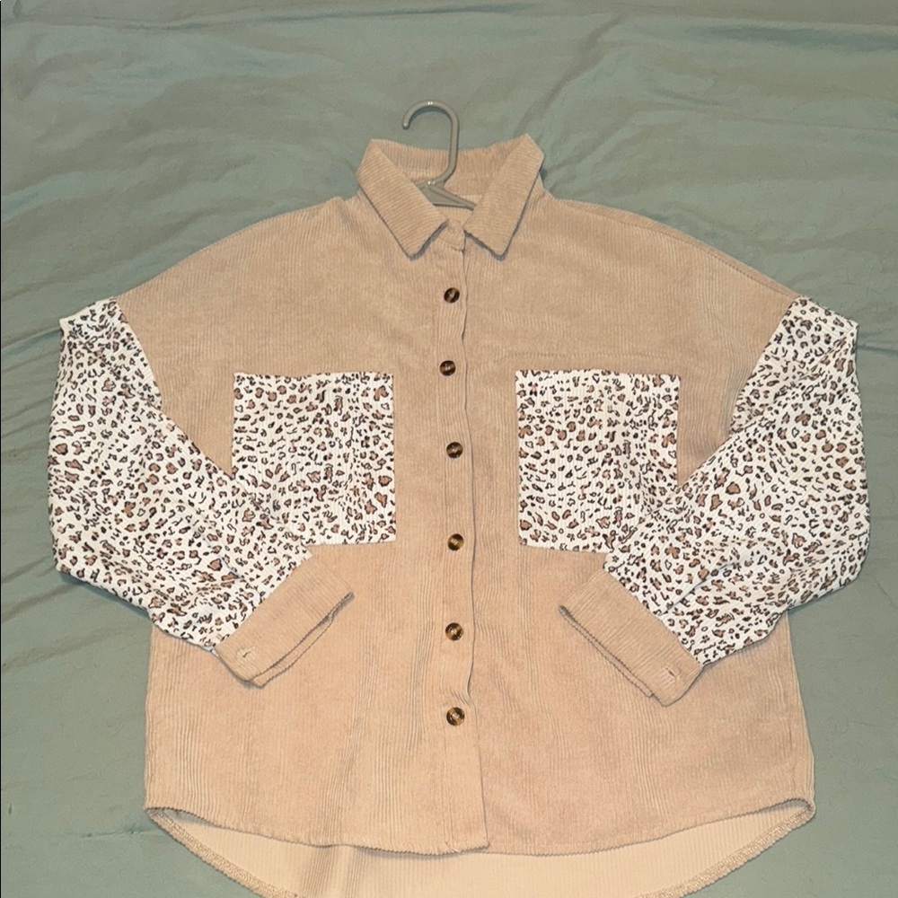Tan Corduroy Shirt with Leopard Print Sleeves